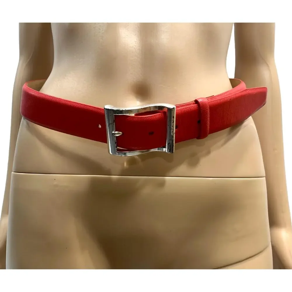 90s DKNY Red Leather Belt w Silver Buckle | VTG S | 28